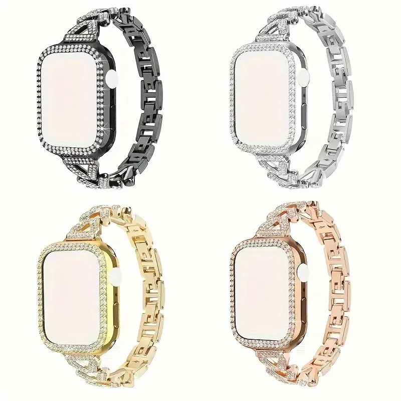 for Apple Ultra/Ultra2/Ultra3/11/10/9/8/7/6/5/4/3/2/1/SE Spikes with Rhinestone Alloy Strap + Double Row Rhinestone Case 38/40/41/42/44/45/46/49mm
