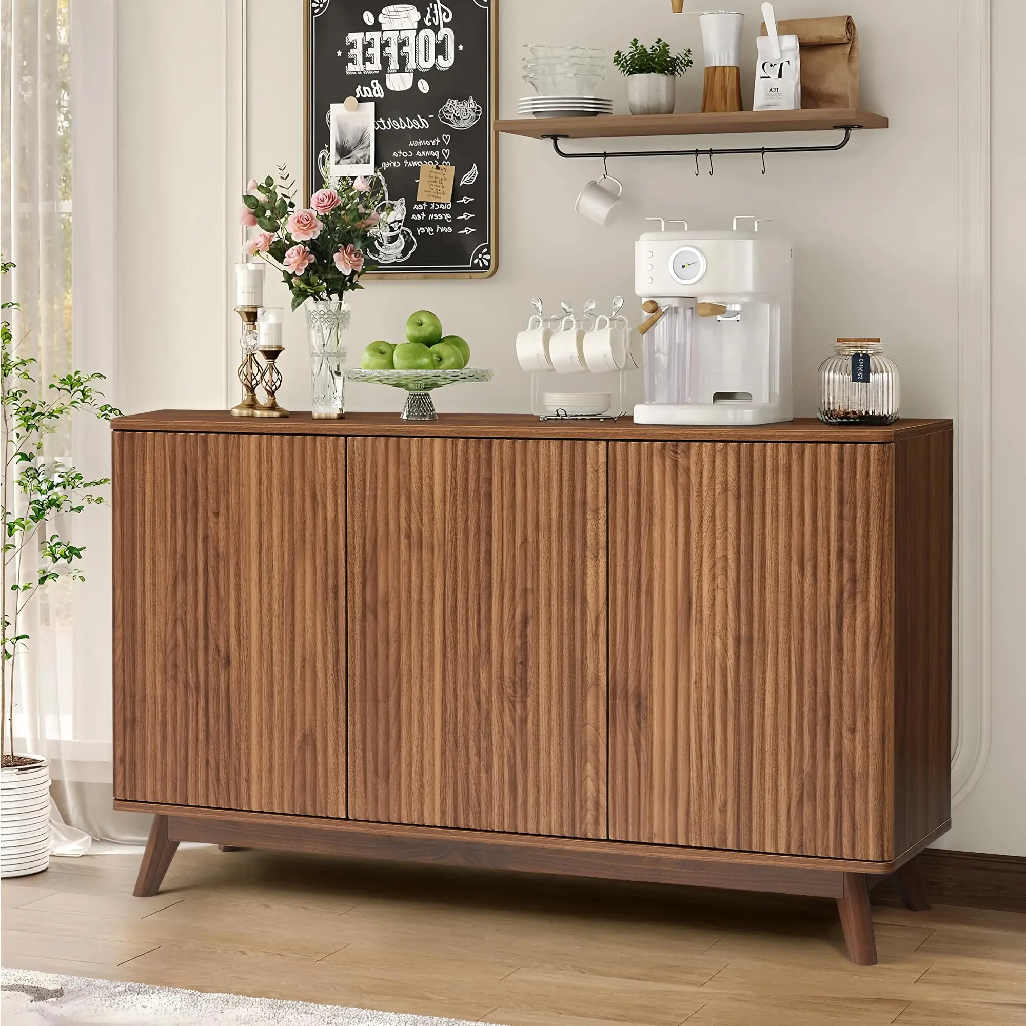 Giratree 2 3 Doors Sideboard Cabinet, Mid Century Farmhouse Fluted Credenza Sideboard Long Buffet Cabinet with Storage for Kitchen, Dining Room Coffee