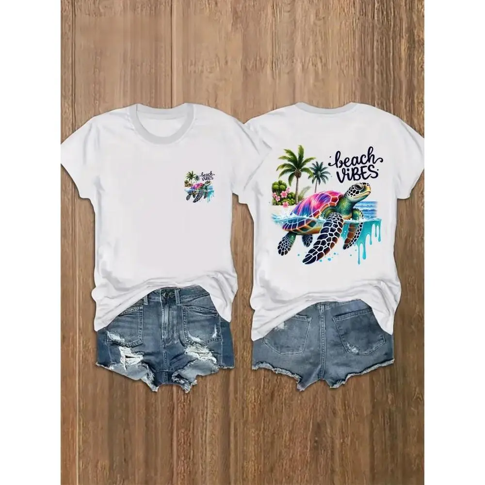Sea Turtle Print Top for Women - Oversized Crew Neck for Coastal Beach Vacations and Casual Summer Fashion, Pairs with Bottoms, Shortsleeve, Tshirt, Coastal Theme, Loose, Comfortable, Women's Graphic Tees, Round Neck, Clothes, T Shirts For Women