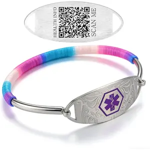 Adjustable Stainless Steel Medical Alert Bracelet with Dynamic QR Code, Scan to Update Emergency Health Information, Purple Medical Symbol ID Wristband, No Engraving Required for Men Women
