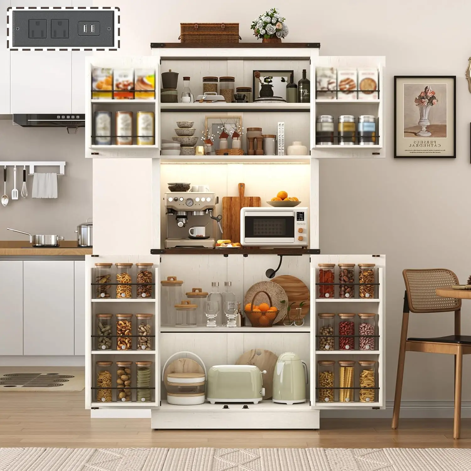 72" Tall Farmhouse Kitchen Pantry Cabinet with LED Light and Power Outlet,Modern Farmhouse Kitchen Storage Cabinet w Load-Bearing Steel Pipe,Barn Doors, Organizer,Food Pantry Cabinets(Rustic Brown/White/Black)