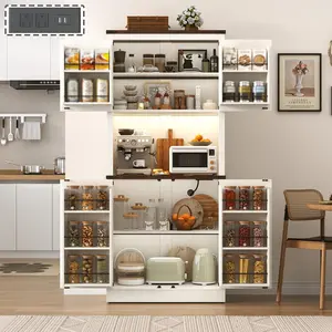 72" Tall Farmhouse Kitchen Pantry Cabinet with LED Light and Power Outlet,Modern Farmhouse Kitchen Storage Cabinet w Load-Bearing Steel Pipe,Barn Doors, Organizer,Food Pantry Cabinets(Rustic Brown/White/Black)