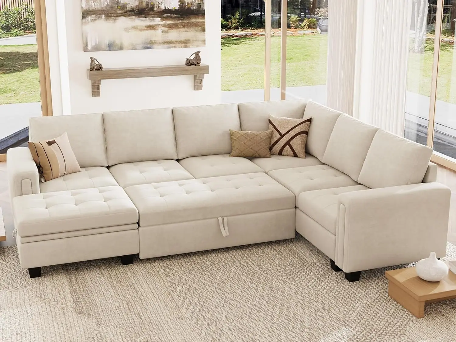 [SummerWins]Belffin Modular Sectional Sleeper Sofa with Pull Out Bed U Shaped Sectional Sofa Couch with Storage Ottoman Velvet Covertible 7-Seater Sofa for Living Room