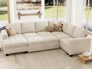 [Summervibes]Belffin Modular Sectional Sleeper Sofa with Pull Out Bed U Shaped Sectional Sofa Couch with Storage Ottoman Velvet Covertible 7-Seater Sofa for Living Room