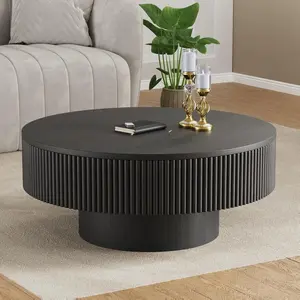 YOUDENOVA 31/35" Round Fluted Coffee Table Modern Wood Circle Veneer Handcrafted Relief Coffee Tables Living Room Black MDF Material Easy Assembly Bedroom Furniture Spring Greenish