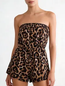 Women's Summer Fashion Leopard Print Halter Top Romper, Slim-Fitting Vacation, Stylish One-Piece Jumpsuit for Casual Wear, Leopard Print Overalls