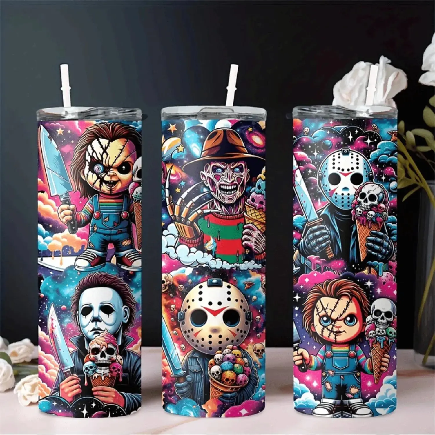 20 oz Stainless Steel Halloween Novelty Vacuum Flask Water Bottle - Horror Movie Character Art, 500-1000 ml, Single Bottle, Ideal for Cold Beverages, Garden & Travel Use