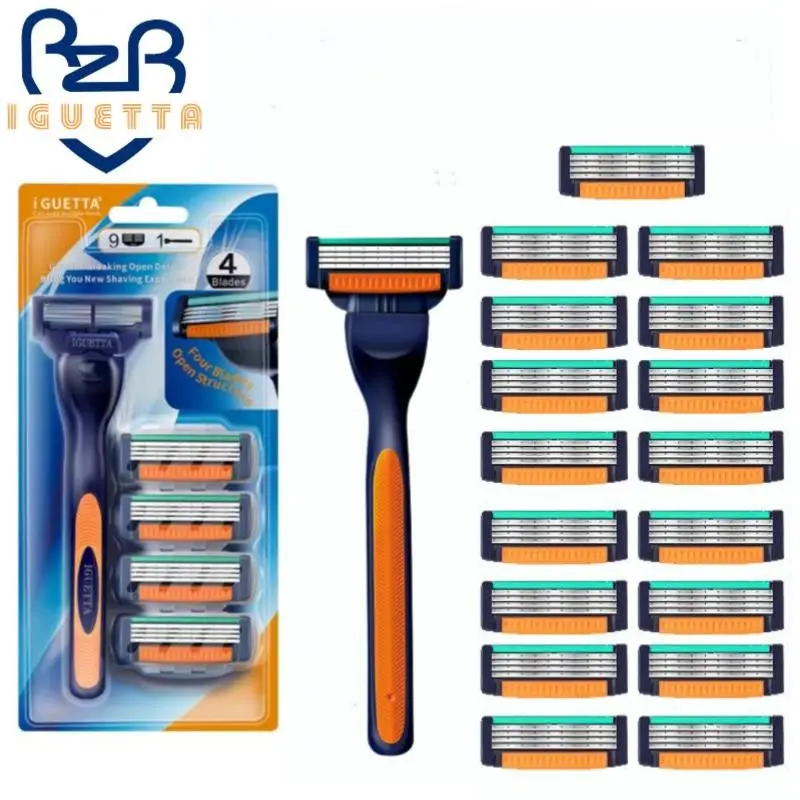 Rzr Lguetta Manual Razor, 1 Handle + 17 Blades, German Blades, 4-Layer Men's Shaving Knife, Easy Replacement, Ideal Gift for Men