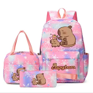 3pc Snowflake Multi Compartment Backpack Set, Cute Capybara Pattern, Multiple Colors, Multifunctional, Durable Material, Includes Lunch Bag and Pencil Case, School Backpacks, Cute Versatile Backpack