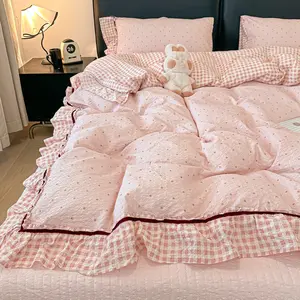 Korean Style Pink Bubble Yarn Polka Dot Gingham Ruffle Duvet Cover Set, 3Pcs (1 Duvet Cover + 2 Pillowcases), 110g/m² Premium Fabric, Soft Breathable Skin-friendly, All Season Machine Washable Bedding for Girls Bedroom