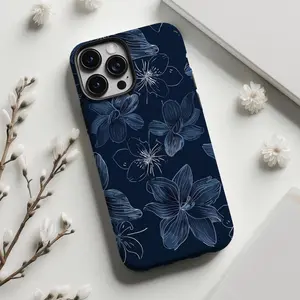 Navy blue floral aesthetic phone case cover for iPhone, Phone Cover for iPhone 17, 16, 15, 14, 13, 12, 11, X, and Samsung S25 S24 S23 S22 models. A perfect gift for friends or family.