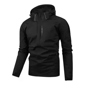 Men's Full-Zip Hooded Waterproof Jacket with Adjustable Hood Casual Outdoor Rain Coat Black