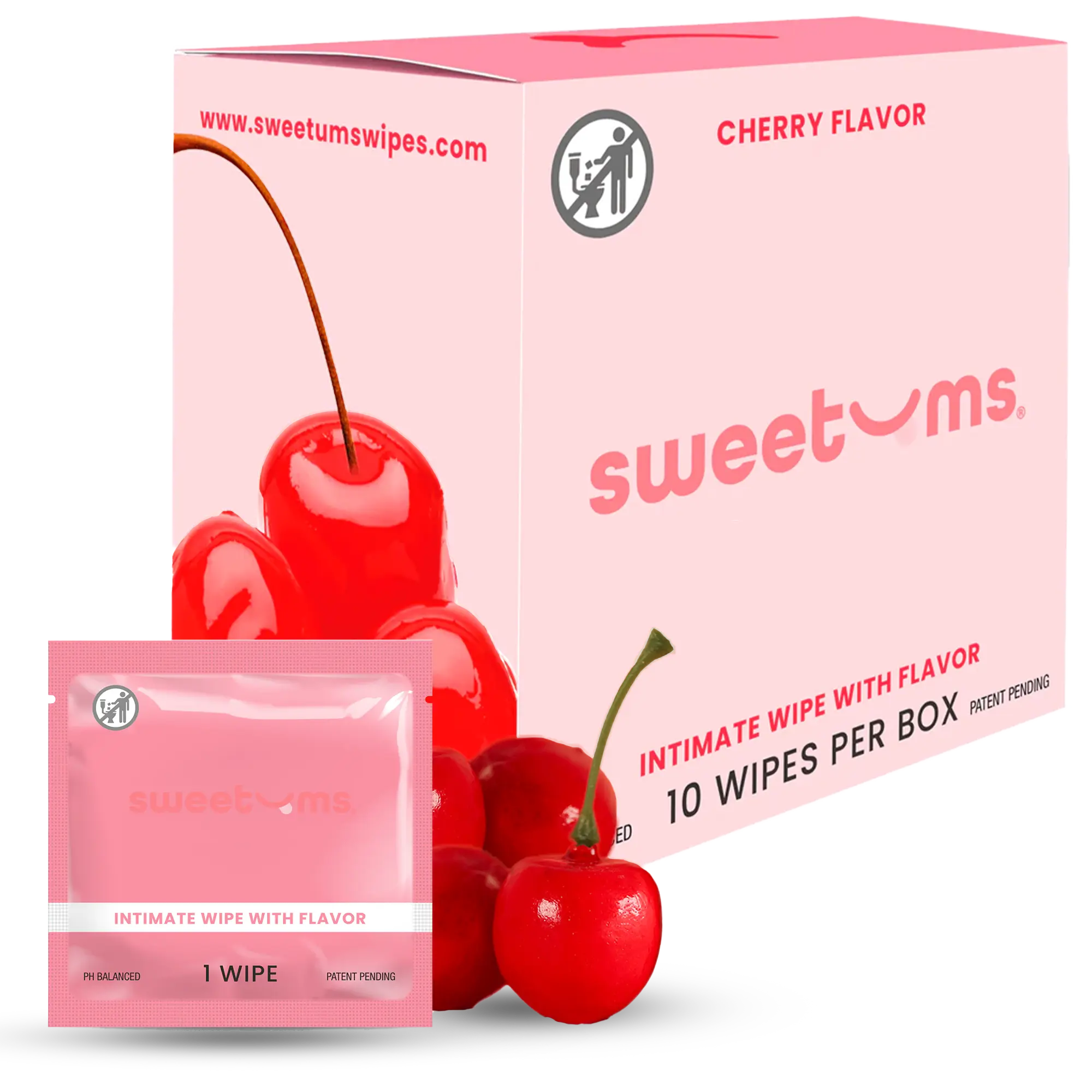 SWEETUMS Cherry Flavored Feminine Wipes - 10 Wipes per Box - Scented, pH Balanced, Gynecologist & Dermologist Tested Comfort