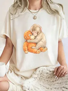 Women's Cute Monkey Hug Graphic Oversized Tee | Soft Animal Print Casual T-Shirt | Cozy Kawaii Streetwear Top