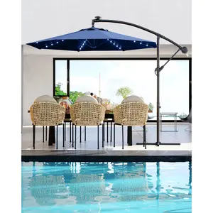 Solar LED Cantilever Patio Umbrella 10FT – Offset Outdoor Shade with Easy Lift, Tilt, UV Protection, Fade Resistant, Cross Base – Ideal for Deck, Pool, Garden
