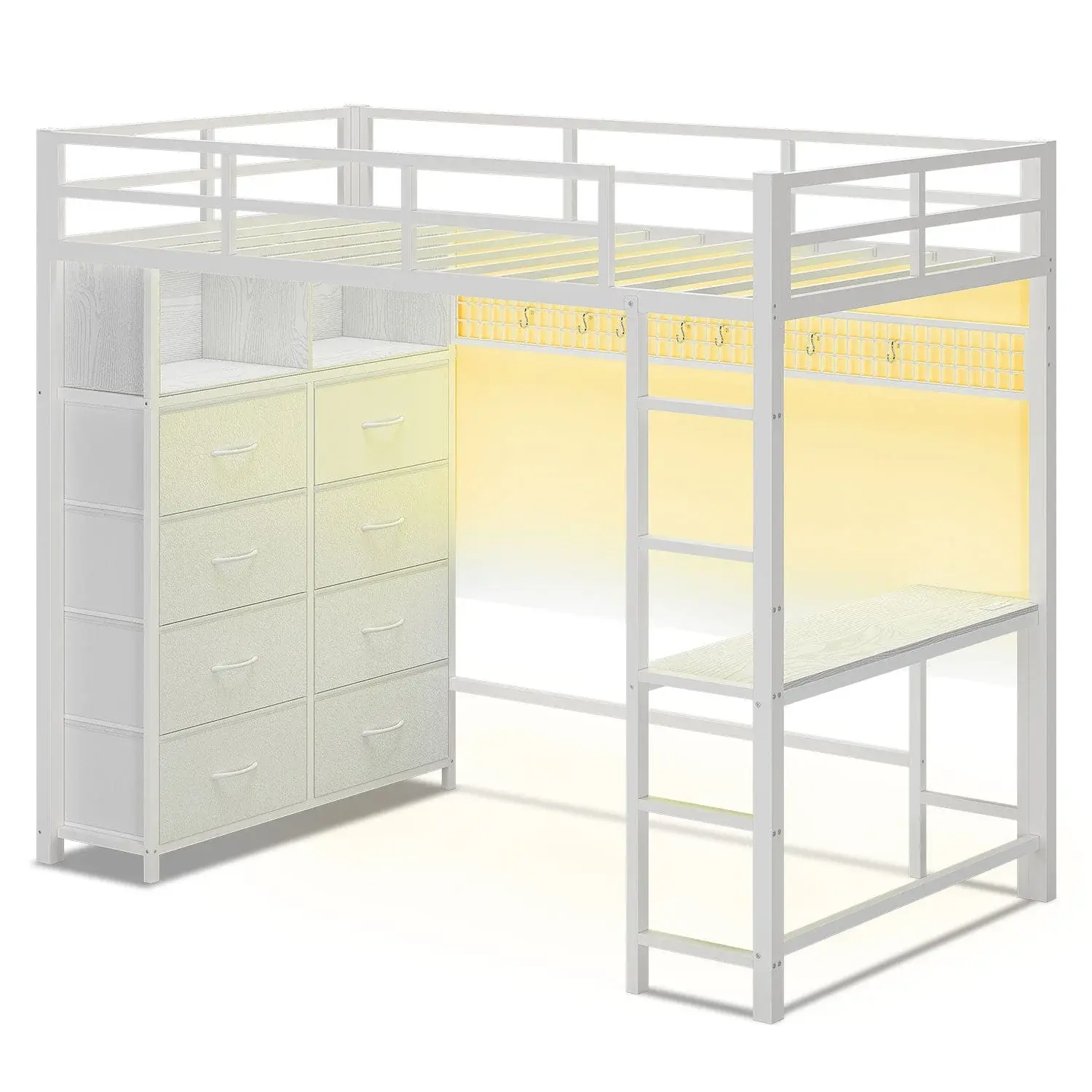 Twin Size LED Loft Bed Frame with Desk and 8 Drawers White Twin Size LED Loft Bed Frame with Desk and 8 Drawers White