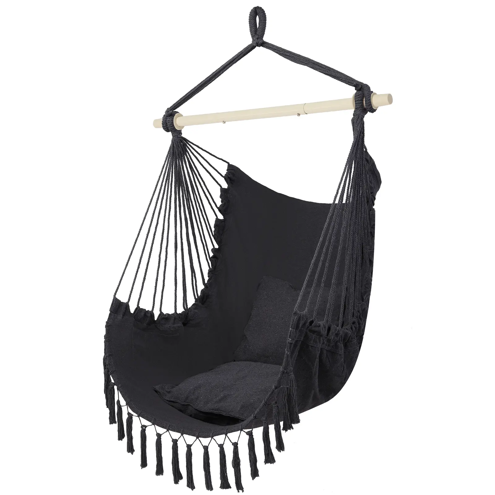 Hammock Chair Hanging Rope Swing Seat-Max 450lbs Capacity, Two Seat Cushion, Beige , Extra Large Macrame Hanging Swing with Side Pocket summergarden