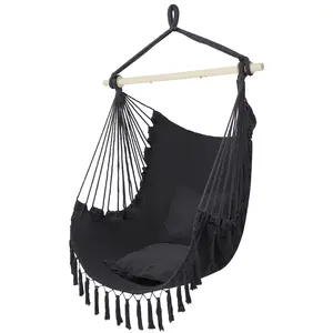 Hammock Chair Hanging Rope Swing Seat-Max 450lbs Capacity, Two Seat Cushion, Beige , Extra Large Macrame Hanging Swing with Side Pocket summergarden