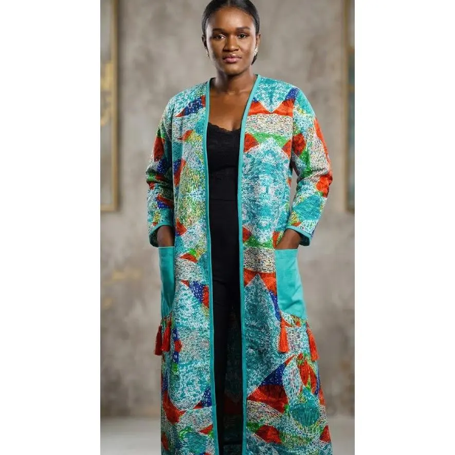 Demi African print Kimono Duster with pockets and tassels