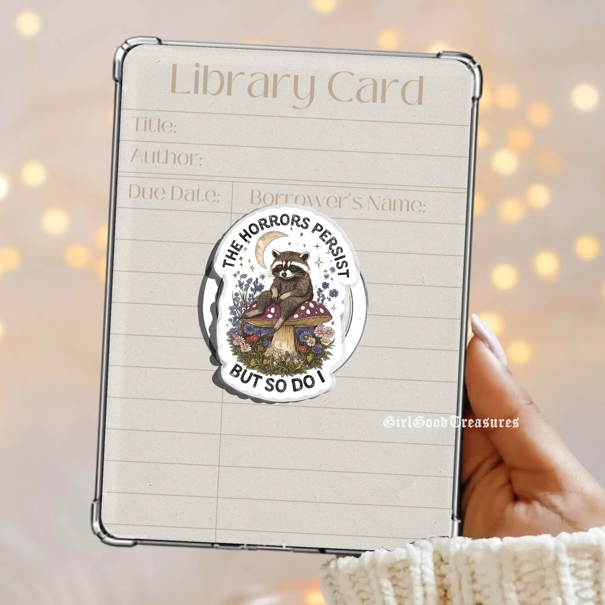 Racoon In Mushroom Magic Night The Horror Persist But So Do I Spooky Magnetic Pop Socket Phone Grip Kindle Grip Books Bookish Magnetic Kindle Grip Book Lover Kindle Accessories Phone Holder PopSocket Phone Grip