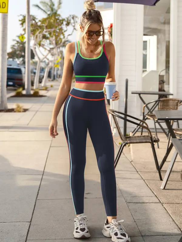 POPVIL ACTIVE Women's 2-Piece Neon Colorblock Active Set - High-Waisted Butt-Lifting Leggings & Criss-Cross Sports Bra, Breathable Sportswear for 2026 Summer Workouts