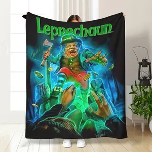 Horror Theme Flannel Blanket - High-Definition Printed Leprechaun Design, Machine Washable &, All-Season Warmth for Home, Camping, Travel - Contemporary Style Mixed Colors, Camping Warmth, Vibrant Illustration, Soft Texture 104