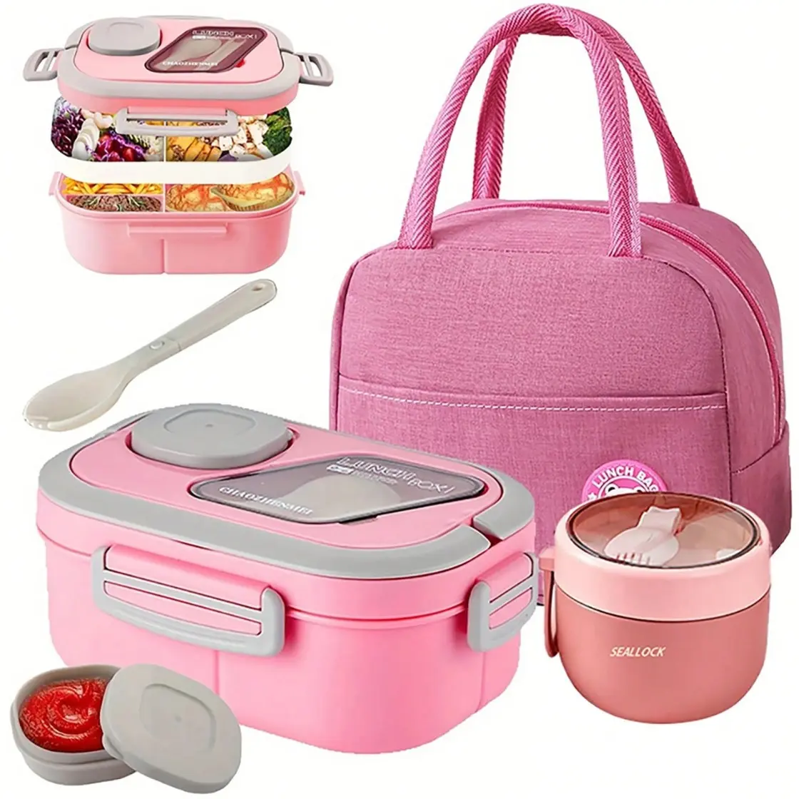Practical BPA-Free Plastic 2-Layer Multi-Compartment Bento Lunch Box Set Pack, Tableware Container with Fork, Sauce Box, Cup, Insulated Bag, Reusable Silicone Accents, Microwave-Safe for School/Work