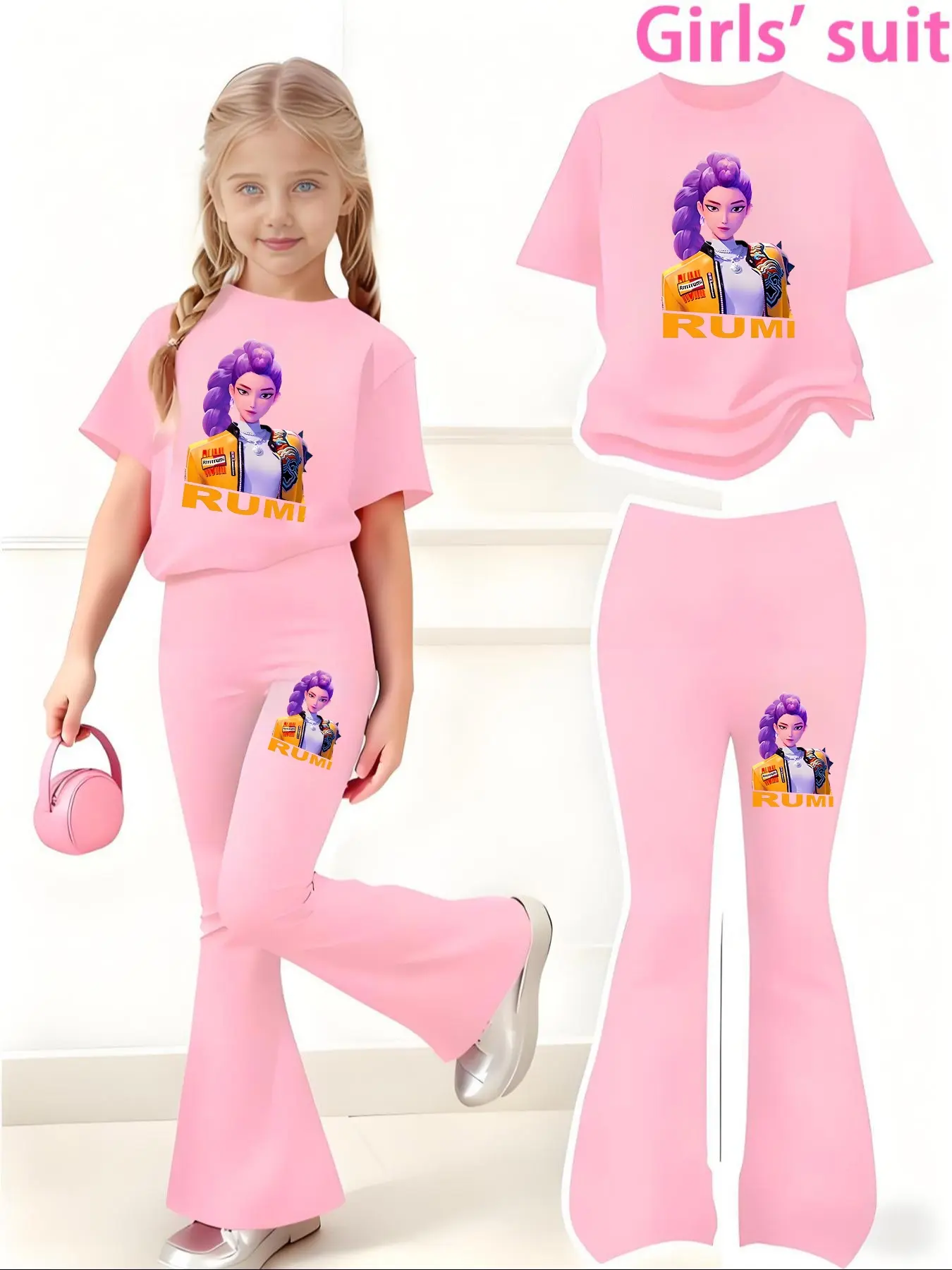 Girls' Kpop Print 2-Piece Set, Graphic Print Set, Summer Clothes Set, Casual Sporty Short Sleeve Top & Bell Bottom Pants, Comfortable Elastic Waist, Spring Summer