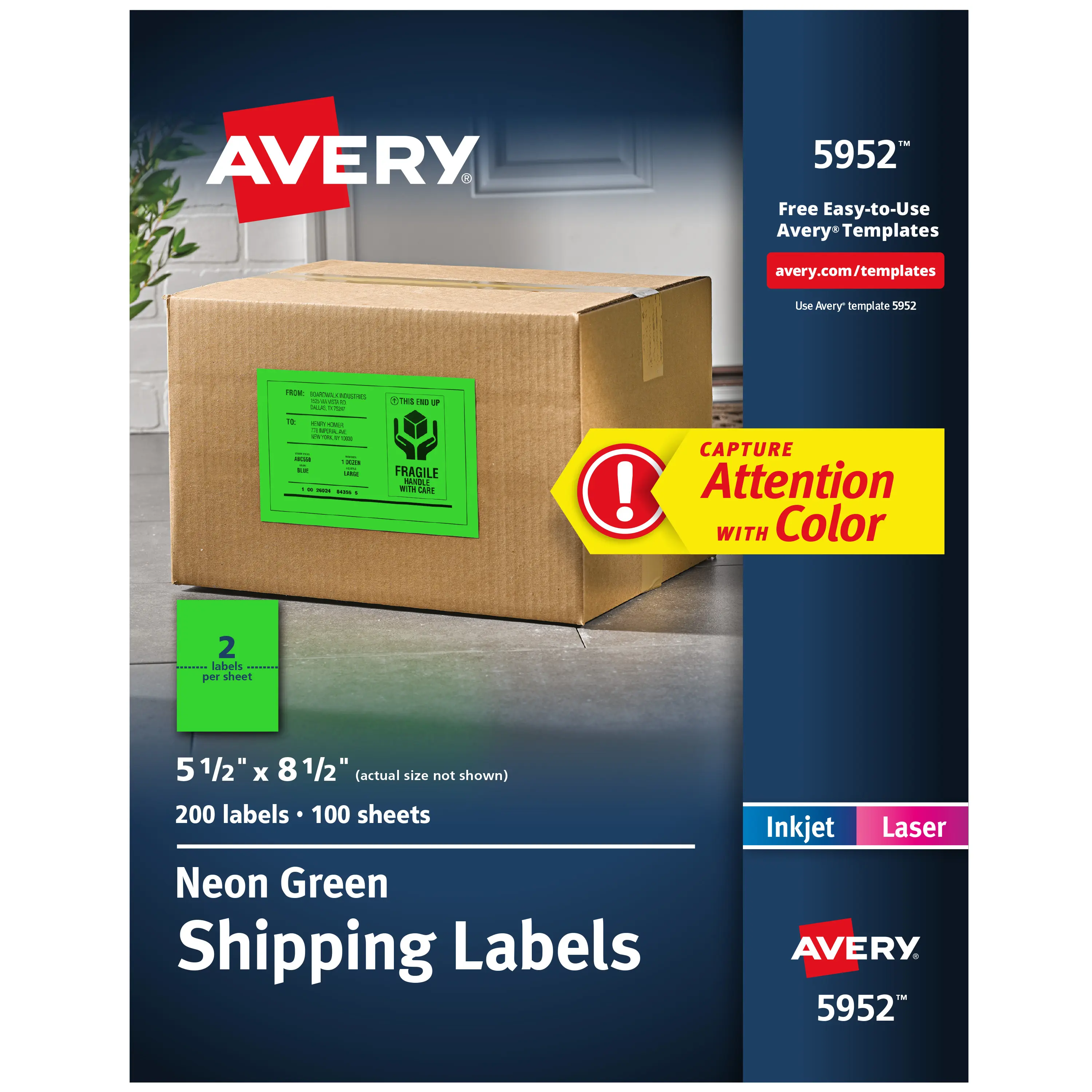 Avery Printable Shipping Labels, 5-1/2" x 8-1/2", Neon Green, Laser & Inkjet Compatible, 200 Blank Labels Total (5952)