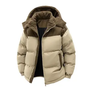 Two-Tone Corduroy Puffer Jacket Beige & Brown Retro Streetwear for Winter Warmth Coats Menswear Tops Casual Khaki Long Sleeve Heated Fleece Western Wear Men's Jackets