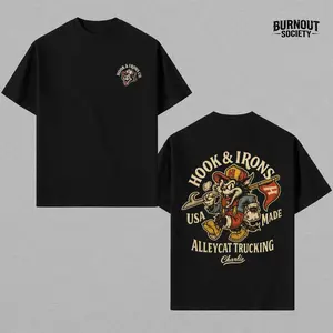 Hook & Irons Alleycat Trucking T-Shirt, Vintage Workwear Graphic, USA Made Soft Cotton Blend, Retro Alleycat Mascot Design, Classic American Streetwear for Men