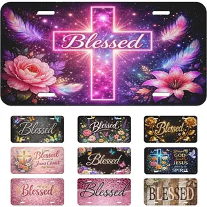 Blessed Flowers Feathers Sparkly Galaxy Front License Plate 6x12 – Dreamy Christian Faith Aluminum Vanity Tag for Car Truck SUV with 4 Holes – Gift for Women Men
