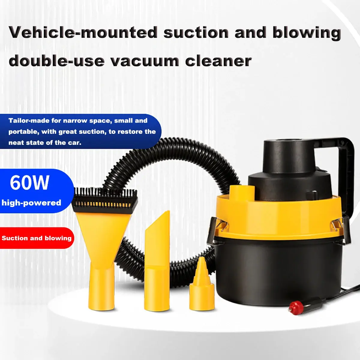 Portable 12V 60W High-Power Car Vacuum Cleaner, Suction Blowing Multifunctional Dry-Wet Appliance, Plug-and-Play Universal Fit for Car Interior Care, Compact Shape