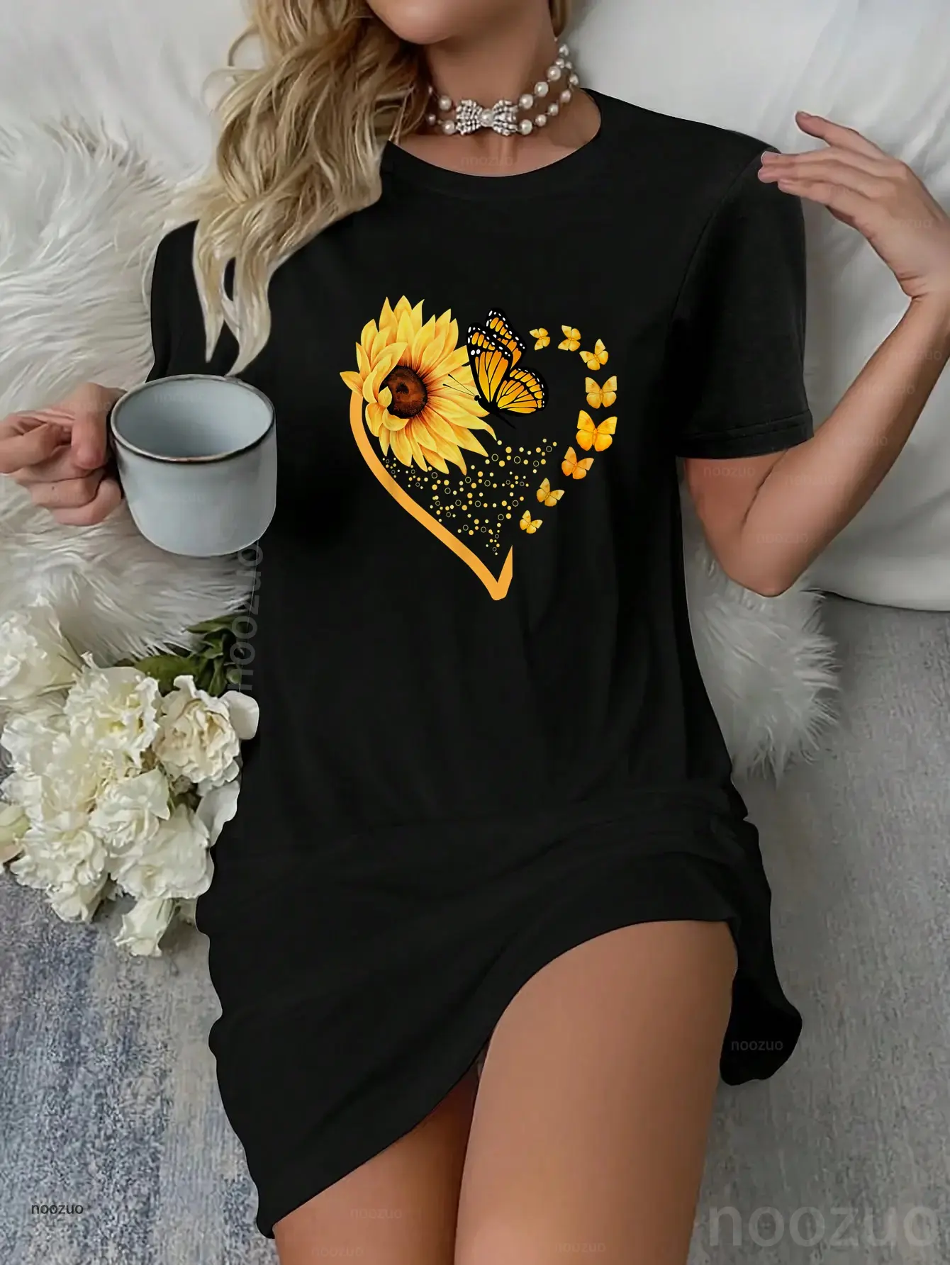 Women's Vintage Casual Graphic Sunflower-Butterfly-Heart Floral Nightdress for Everyday Summer Loungewear, Distressed Look, Whimsical Playful, Casual Wear, Nightwear