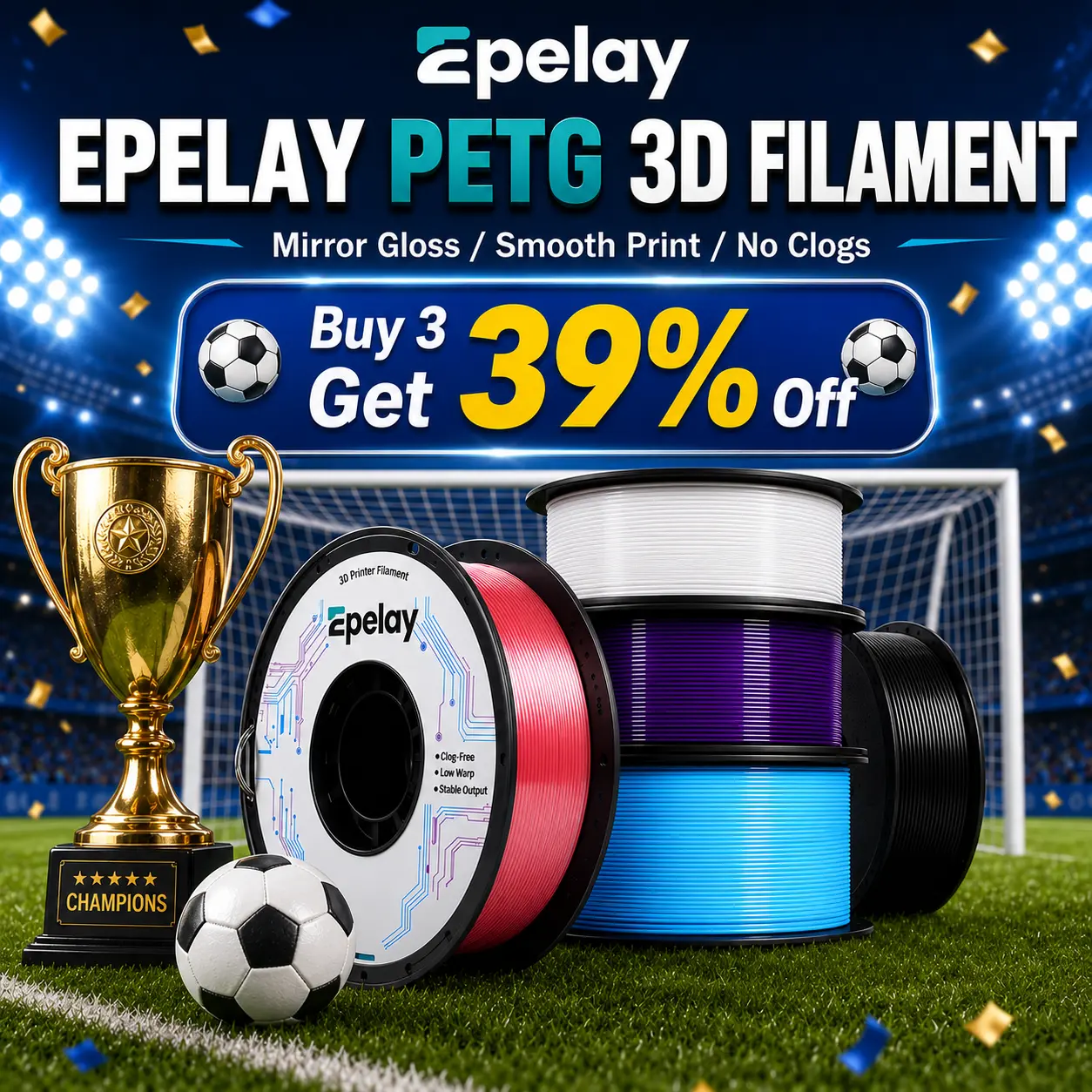 Epelay PETG 3D Printer Filament, 1.75mm 1kg, Tough Heat-Resistant Heatproof, Low Stringing, Mirror Gloss Smooth Prints, No Clogs Compatible with FDM 3D Printers