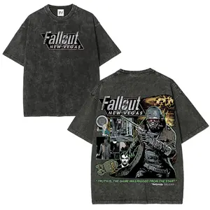 Vintage Fallout 3 New Vegas Green Wash Unisex Cotton T-Shirt Retro Gaming Tee for Gamers & Casual Wear Double-Side Washed Graphic Top Round Neck Streetwear Shortsleeve Menswear Tshirt