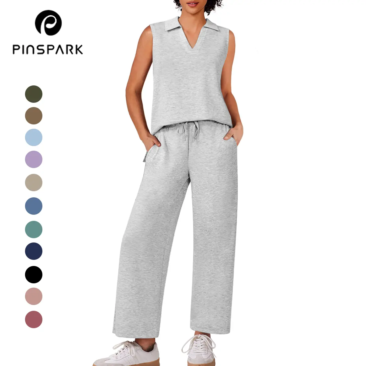 PINSPARK Two Piece Sets for Women Sleeveless Outfits Travel Tracksuit V Neck Top Wide Leg Pant Lounge Sets 2025 Summer sweatsuits  women  Springtok tiktokshopbacktoschool