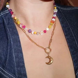 Lunar Charm Holder Necklace, Stainless Steel, Celestial Necklace, Gold Paperclip Necklace