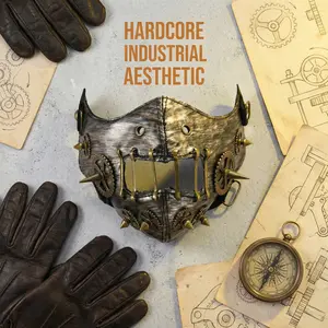 PU Leather Steampunk Half Face Mask, Gothic Gear Skull Demon Devil Punk Style, Breathable Wind Protector Motorcycle Mask, Innovative Scary Face Cover for Halloween Cosplay Party Carnival Costume Accessory, Set Metallic Heart-Shaped Birthday dream mask