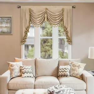 Loom and Mill Thick Chenille Waterfall Valance for Living Room, Luxury Swag Valances with Multi-Tassels & Pendant, Beige Swag Curtains for Bedroom Kitchen Dining Room Window Decor(W59Inch,1 Panel)