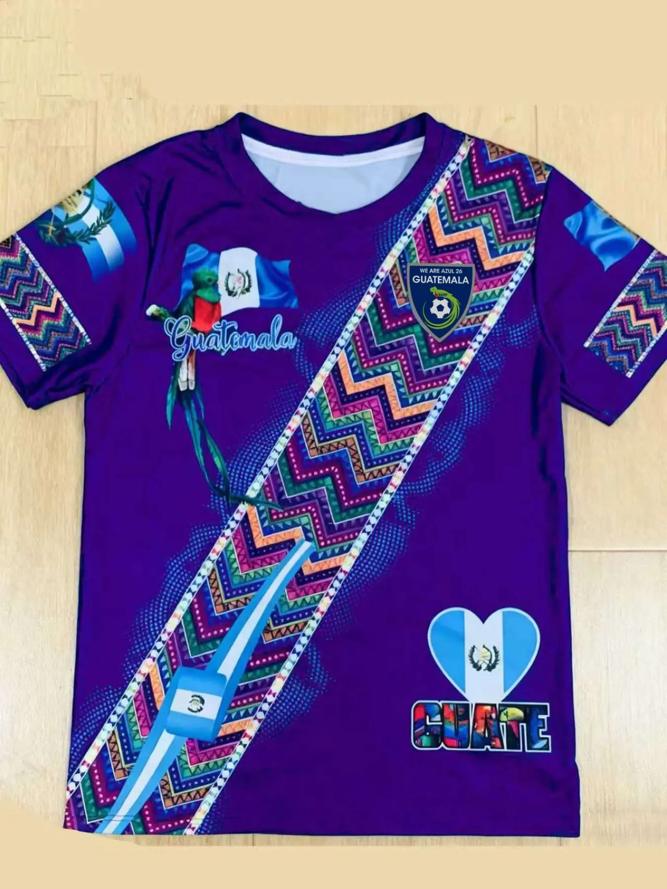 Guatemala Traditional Blue T-shirt, Active Shirts, Colorful Zigzag Pattern, Flag Elements, Parrot Design, Text Identifier, Unisex Crew Neck Sportswear, Casual Sportswear, All Seasons