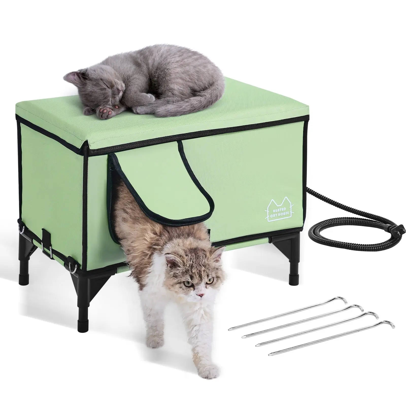 VEVOR M Size Green Elevated Heated Outdoor Cat House - Cuboid Kitty Shelter with Heating Pad, Waterproof Aluminum & Polypropylene Construction, DealsForYouDays Father's Day Gift Option, Enclosure
