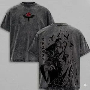 Akatsuki Red Cloud Tee Washed – Naruto Anime Vintage Washed Heavy Cotton Oversized Manga T-Shirt & Hoodie, Double Printed Retro Unisex Streetwear Graphic Top, Dark Ninja Organization Edition 5MN Menswear Clothes Garment