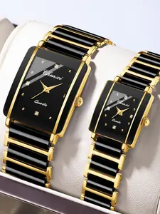Fashion Luxury Couple Quartz Watches Set, Modern Waterproof Watch, Gold Face, Ceramic Strap, Square Analog Dial, Business Casual Style, Valentine's Day Gift, Modern Fashionable Wristwatch