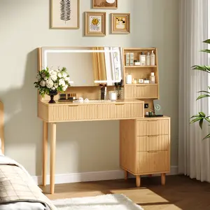 Vanity Desk with Mirror and Lights,Fluted Makeup Vanity with Storage Drawers & Power Outlet,Modern Wooden Boho Vanity Dressing Table large vanity table vanity  set