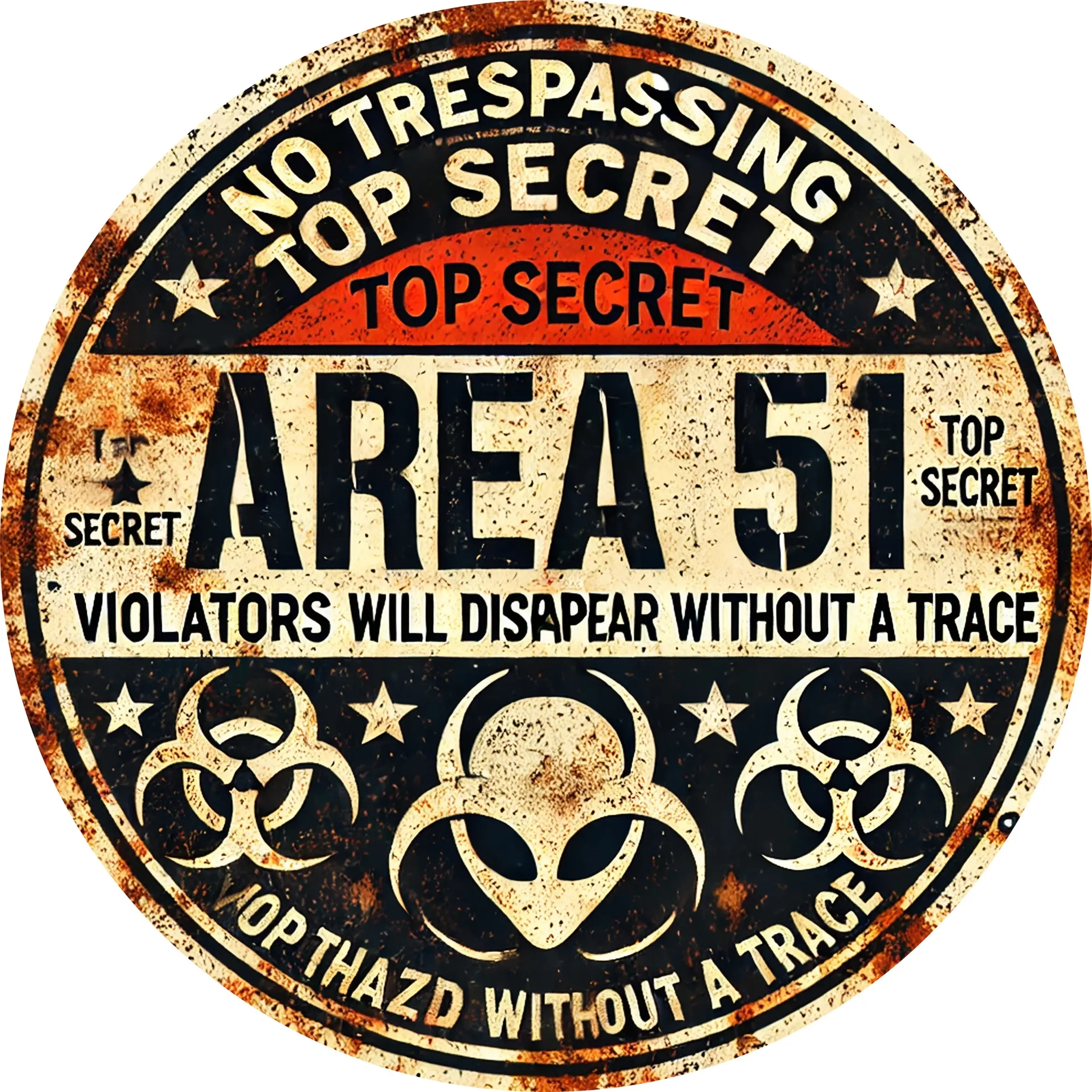 [Vintage Charm, Area 51 Sign] Vintage Metal Sign, Distressed Rustic Top Secret Area 51 Wall Sign |   Alien UFO & Hazard Symbols, Perfect for Home, Office, or Restaurant Decor, Unique Gift Idea, Office Signage, Bold Graphic Design