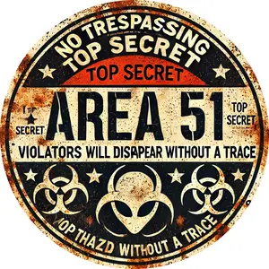 [Vintage Charm, Area 51 Sign] Vintage Metal Sign, Distressed Rustic Top Secret Area 51 Wall Sign |   Alien UFO & Hazard Symbols, Perfect for Home, Office, or Restaurant Decor, Unique Gift Idea, Office Signage, Bold Graphic Design
