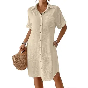 Bsubseach Womens Swimsuit Coverup Long Button Down Bathing Suit Cover Ups Short Sleeve Summer Beach Shirt Dress with Pockets