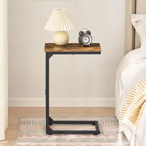 C Shaped End Table with Slide Under Design 2 Colors Rustic Brown & Gray Multi Functional Side Table for Sofa Bed & Small Spaces Compact & Sturdy Metal Frame