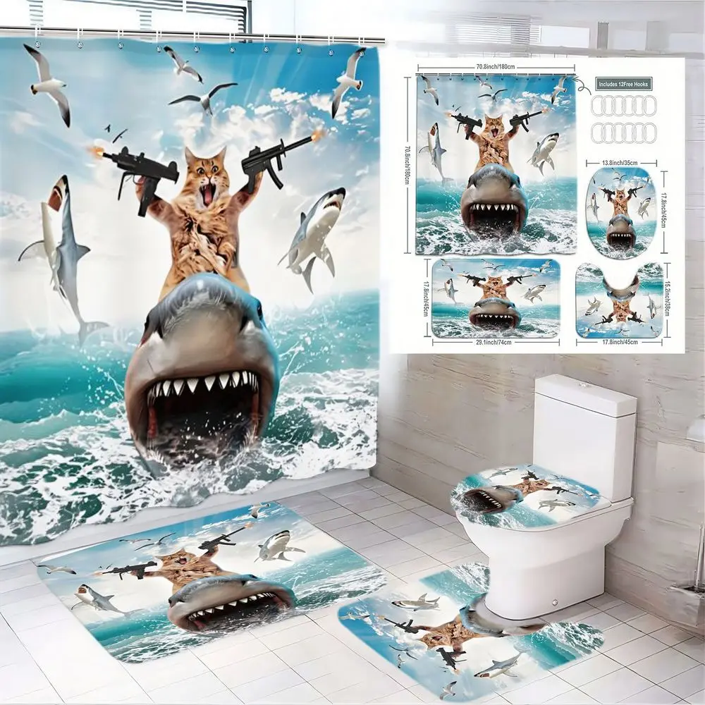 1/4pcs Marine Shark & Cat Shower Curtain Set, Brown Cat with Guns on Shark, Ocean Waves Seagulls Design, Matching Toilet Lid Cover & Floor Mat, Bathroom Decor And Accessories, Beach Lovers Bathroom Decor, Summer Vacation, Housewarming Gift